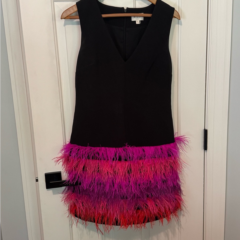 Milly Black Dress with Pink and Red Feather Trim